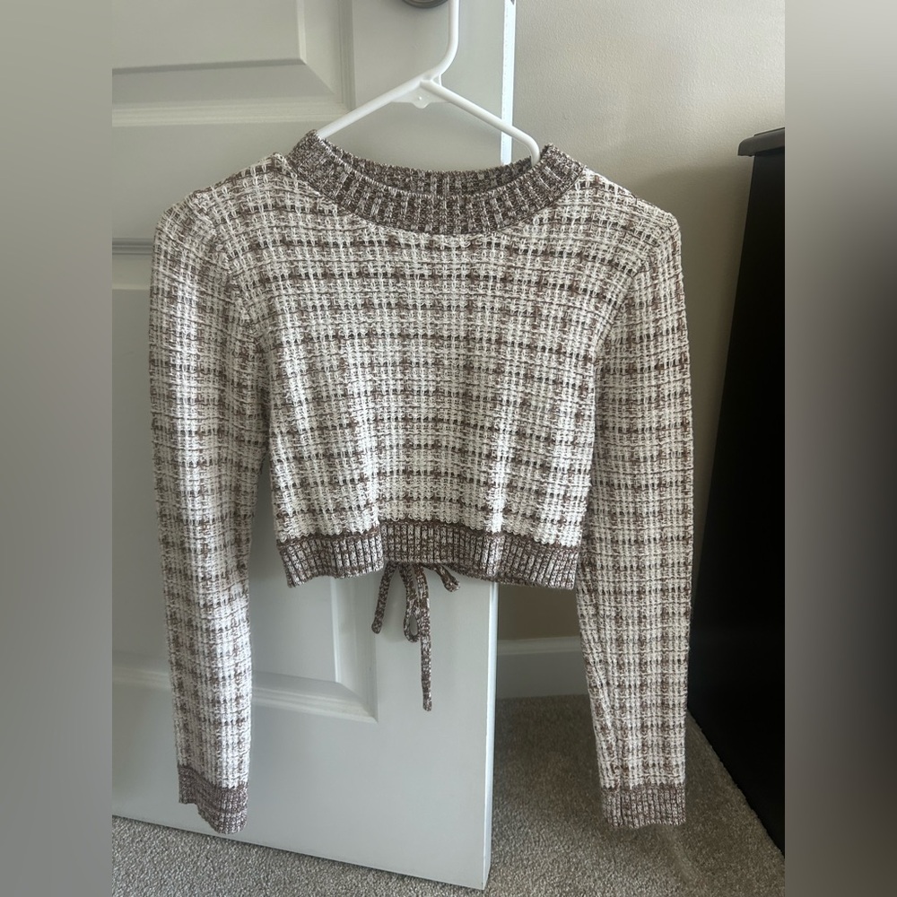 Plaid Knit Cropped Sweater - Brown and Cream
